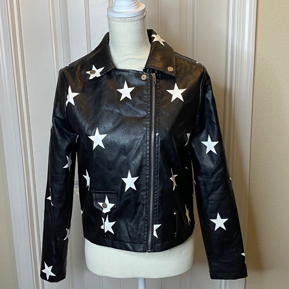 Nasty Gal Star Behavior Black Faux Leather Belted Biker Jacket White Stars Sz 4